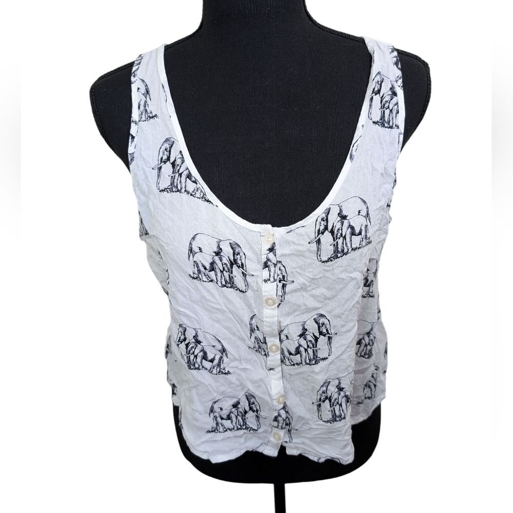 Aeropostale Sheer Elephant Button Front Rayon Hi-Lo Cropped Top Large
